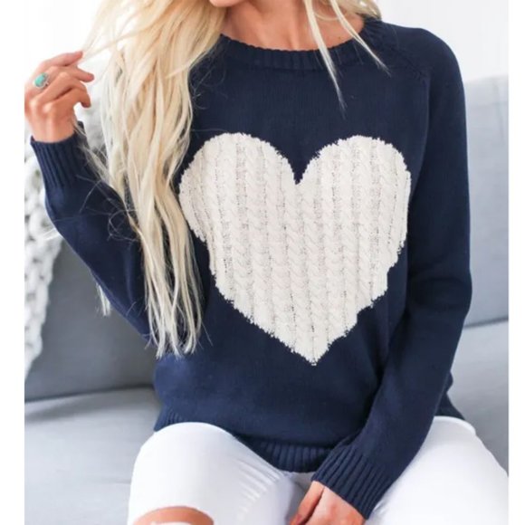 NEW Navy Oatmeal Cable Heart Cotton Blend Sweater - Picture 10 of 12